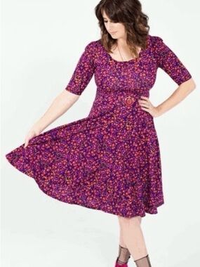 NWT Lularoe Nicole Size S  Purple Red Floral Leafs Branches Fit & Flare Dress